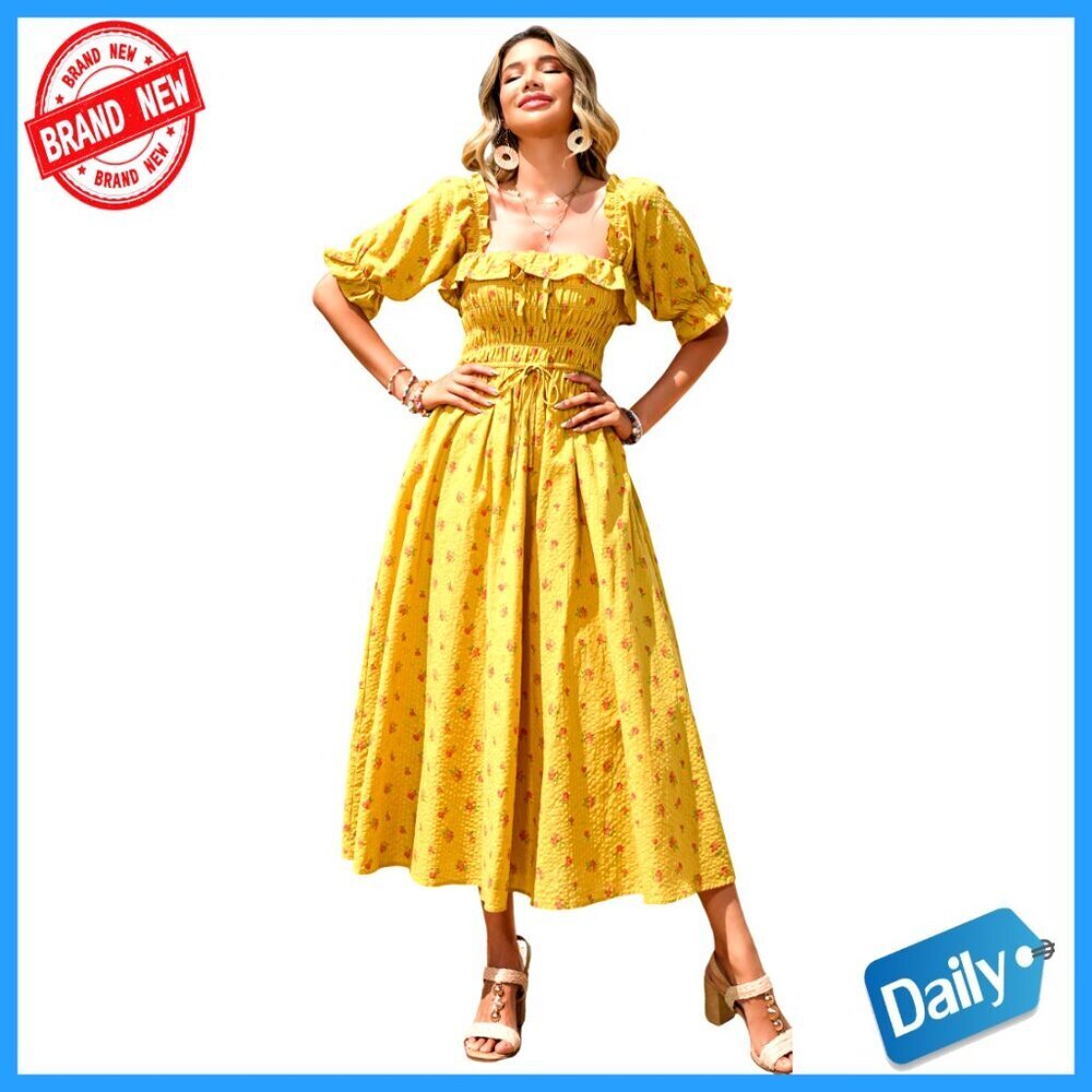 Summer Cotton Midi Dress with Ruffles Backless A-Line Flowy Casual